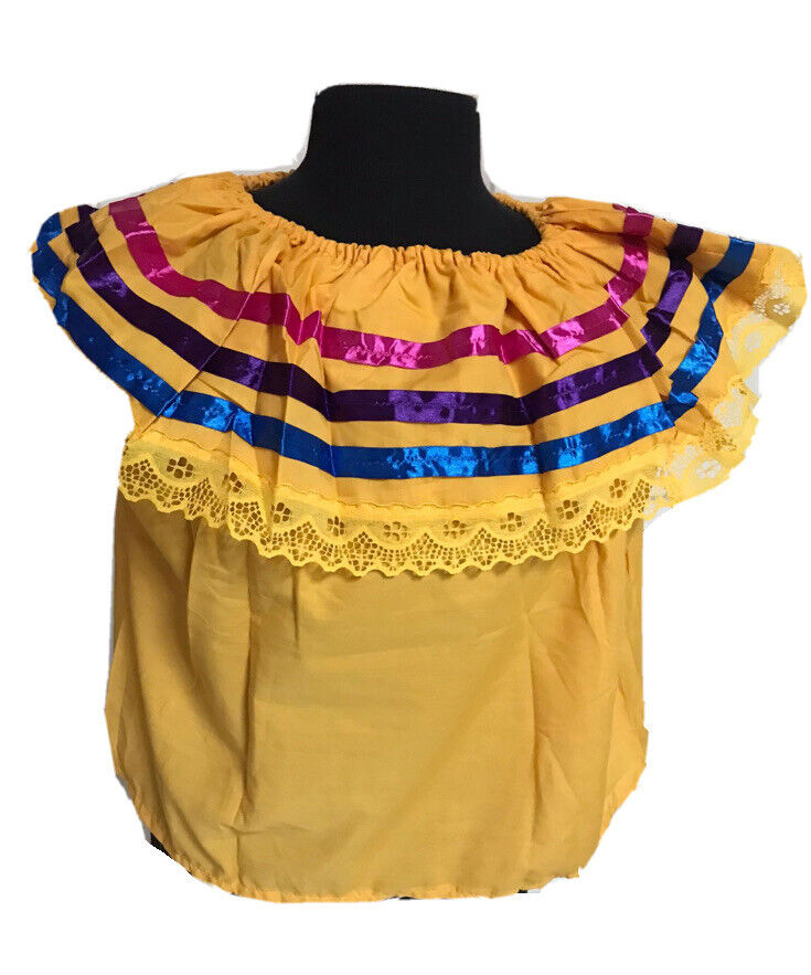 Yellow Women Size M Off-Shoulder Ruffle Top Lace Ribbon Folkloric Fiesta Dance A