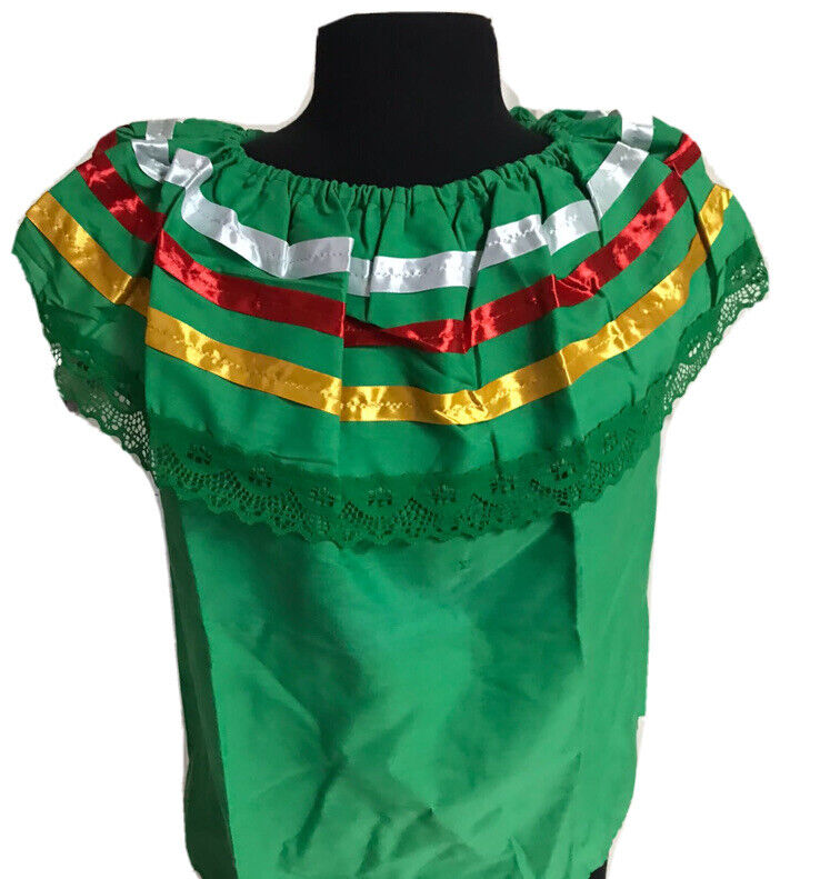 Green Women Size XL Off-Shoulder Ruffle Lace Ribbon Folkloric Fiesta Dance