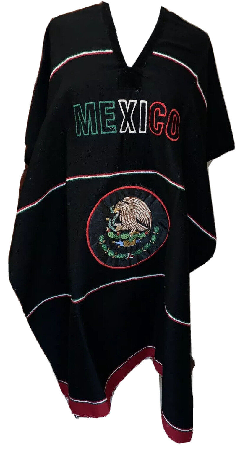 MEXICO Black Unisex Adult One Size Mexican Zarape Serape Poncho