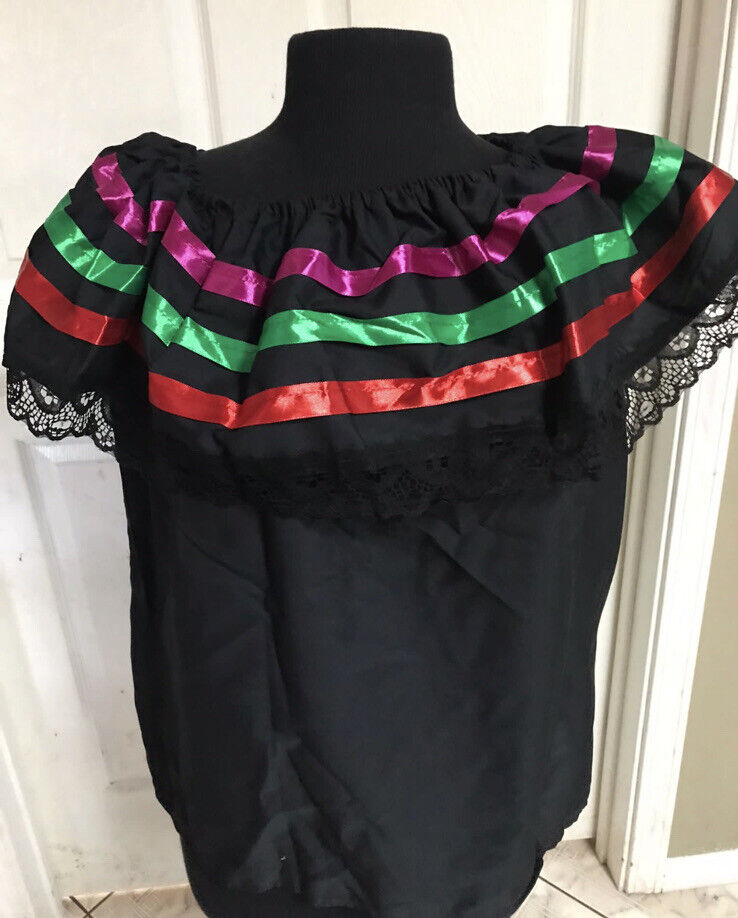 Black Women Size XL Off-Shoulder Ruffle Top Lace Ribbon Folkloric Fiesta Dance
