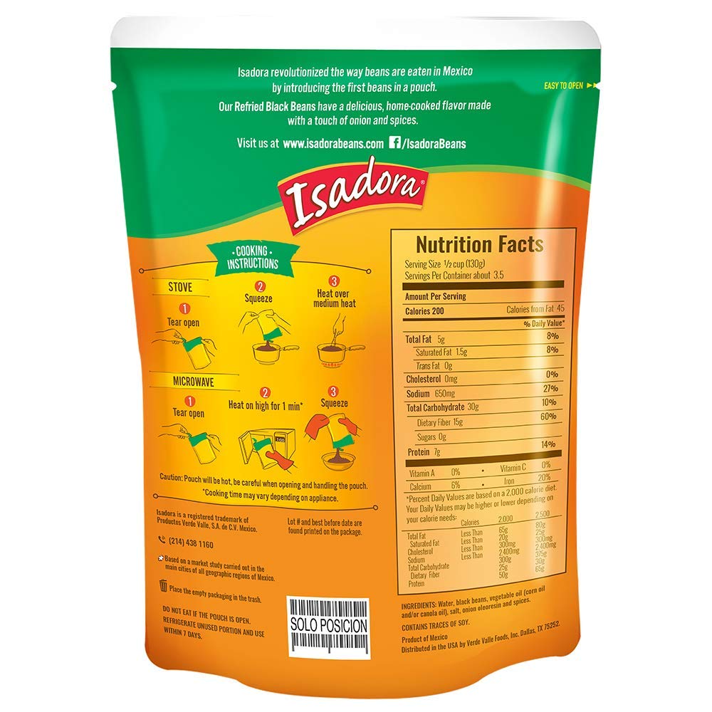 Isadora Refried Beans 15.2oz Pouch (Black Beans, 6 Pack) Border Merchant