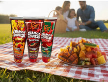 Load image into Gallery viewer, CHAMOY SQUEEZE VARIETY sauce with pulp mango watermelon &amp; tamarind for a spicy tangy &amp; sweet flavor 3 pk