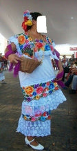 Load image into Gallery viewer, Yucatan Womens Folklorico Traditional Dance Fiesta Dress Embroidery Blck Wht New
