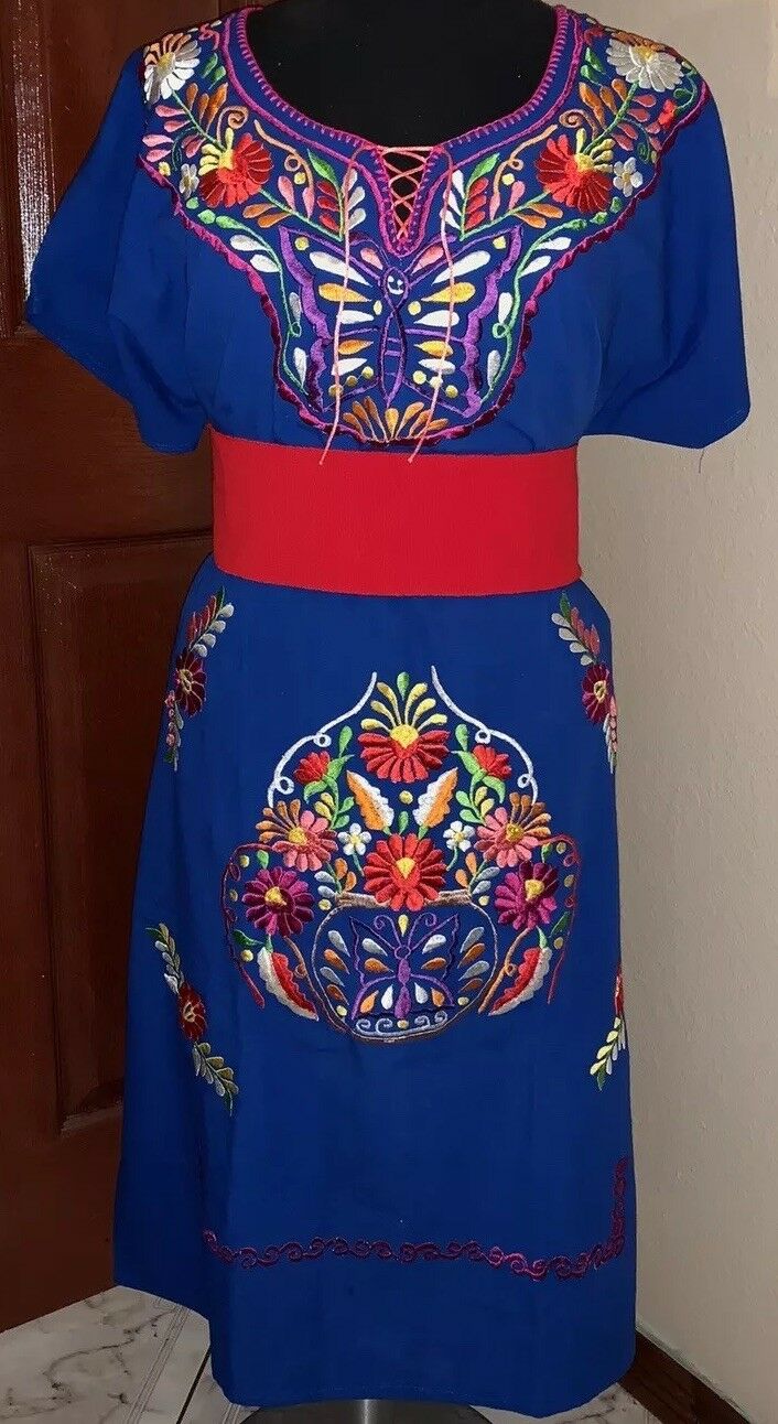 Campesino Kimono Blue Womens Dress OSFA Multi Color Flower Embroidery New