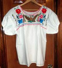 Load image into Gallery viewer, Womens White Top W/Beautiful Floral Eagle VIVA MEXICO Folklorico Embroidery NWOT