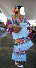 Load image into Gallery viewer, Yucatan Girls Folklorico Traditional Dance Fiesta Dress Embroidery Blck Wht New