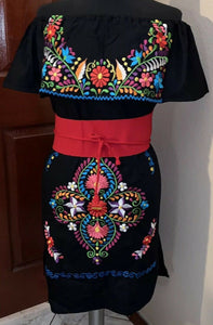 Campesino Black Flounce Womens Dress OSFA Multi Color Flower Embroidery New