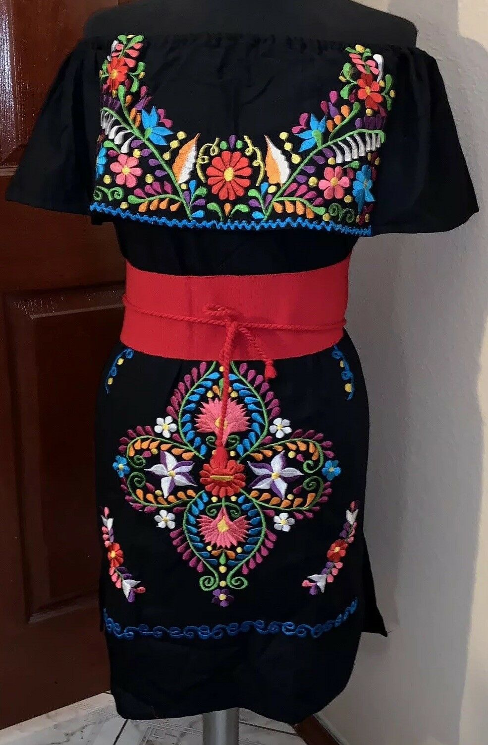 Campesino Black Flounce Womens Dress OSFA Multi Color Flower Embroidery New