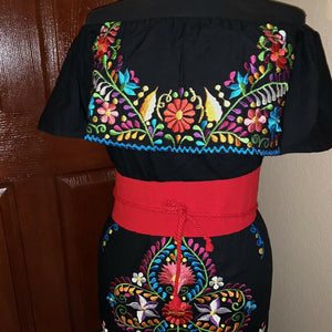 Campesino Black Flounce Womens Dress OSFA Multi Color Flower Embroidery New